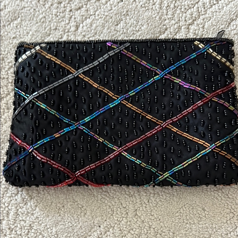 Black Beaded Clutch with Multicolor Accents